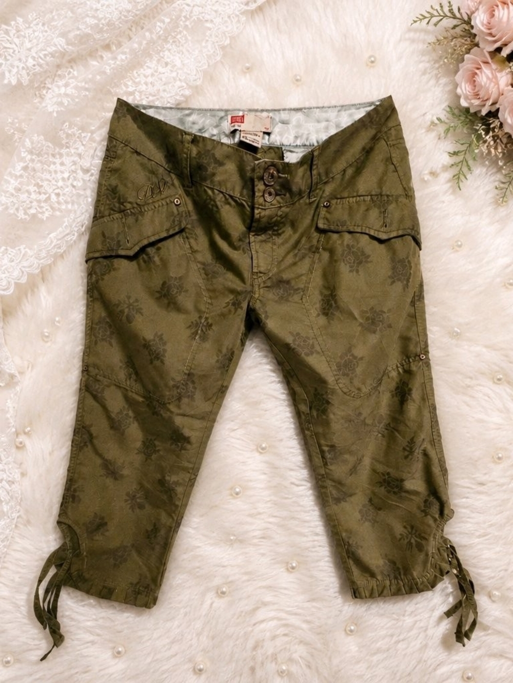 Girl's Vintage Diesel Olive Green Floral Cargo Capris with Drawstring Hem